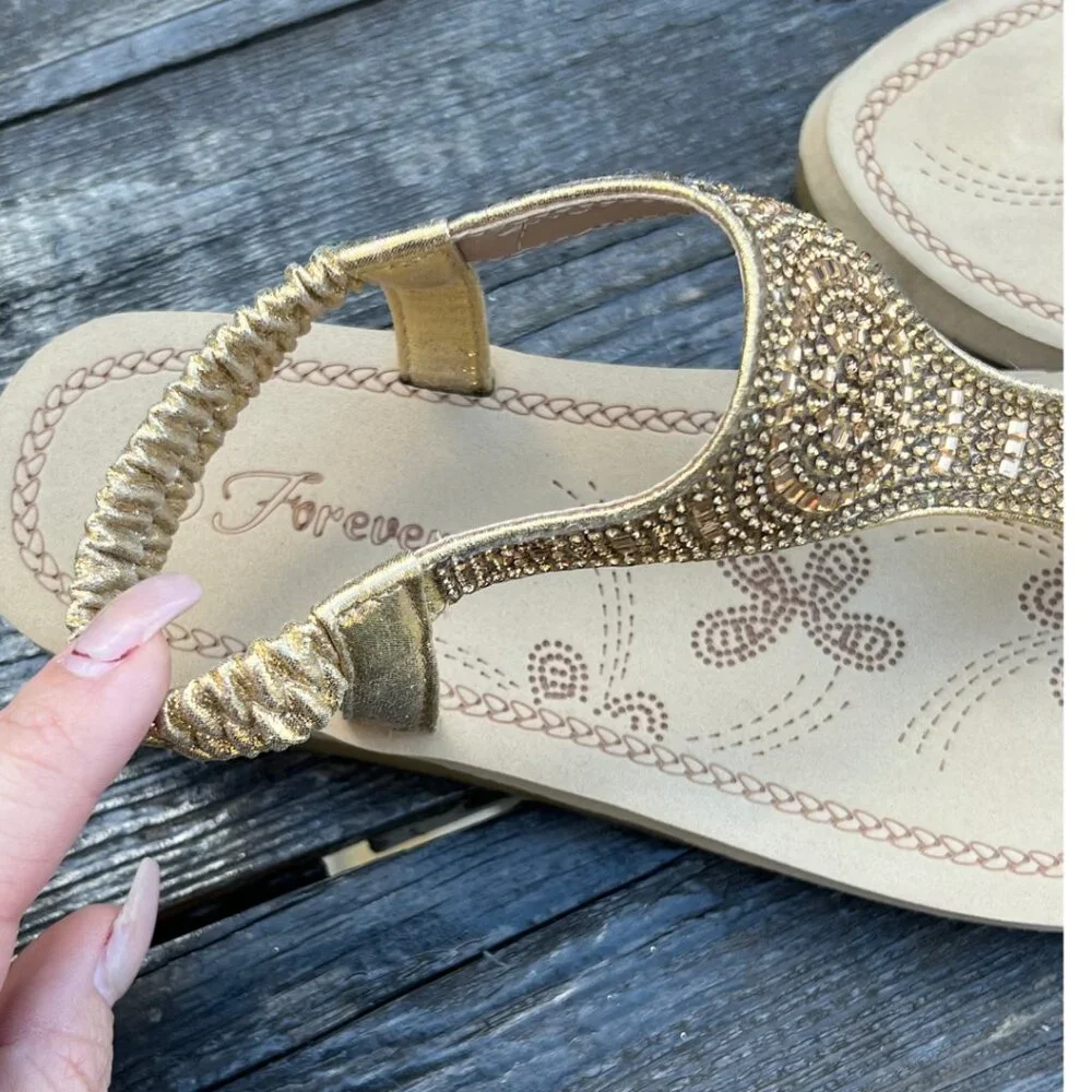 Forever Thong Sandals Gold Rhinestones 6 1/2